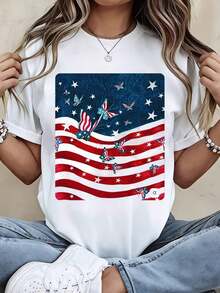 Camiseta Casual de Manga Corta Blanca con Diseño de Estampado de Mariposa y Bandera Americana, playeras de mujer - Blanco - Ver 7