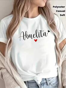 1 camiseta de poliéster de manga corta para mujer, con estampado de abuela y un diseño de corazón, suave y ligera, adecuada para el ocio en casa o reuniones familiares, cómoda para el uso diario, diseño con texto de fondo, 180g Algodón 100%. - Blanco - Ver 12