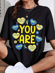 You Are Strong, Kind, Brave, Creative, Beautiful, Much Loved, Perfect, Friendly. Yellow And Blue Heart Design T-Shirt For Women, Men, Unisex. Gift For Mental Health Awareness Day, Birthday, Valentine's Day, Mother's Day. Pure Cotton. - 黑色 - 查看 7