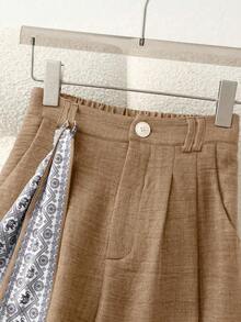 Pantalones de pierna ancha con cintura alta elástica y bolsillos fruncidos en azul marino, con decoración elegante de cinta estampada, versátiles para ocasiones casuales, formales, de fiesta y de vacaciones en primavera/verano - Caqui - Ver 3