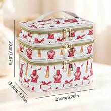 1pc Multi-Functional Makeup Bag, 3-Layer Large Capacity Durable Fabric Girly Printed Square Handheld Cosmetic Organizer, Suitable For Daily Use - Multicolor - View 5