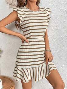 Vestido de línea A con cintura ceñida y mangas con volantes, vestidos de verano para mujeres, conjuntos de verano para mujeres, atuendos para cena de vacaciones, atuendos de verano para mujeres, vestidos, ropa de vacaciones para mujeres, atuendos de primavera para mujeres, vestidos, atuendos de vacaciones para mujeres, vestidos casuales para mujeres, vestidos con estampado floral para mujeres - Albaricoque - Ver 4