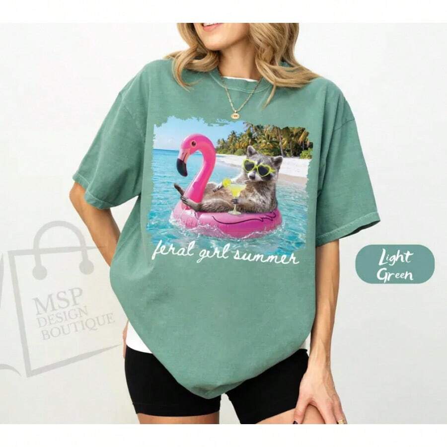 ® Girl Summer Tee, Summer Raccoon Shirt, Women's Summer T-Shirt, Women's Summer Beach Top, Girl Raccoon Tee - 綠色 - 查看 1