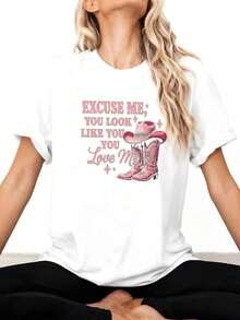 1 PcsWomen'S Playful Cowboy Boot Graphic T Shirt Excuse Me, You Look Like You Love Me Pink & White Print, Casual Round Neck, Short Sleeve, Lightweight Blend For Spring Summer Outings, We180g Cotton 100% - 白色 3 - 查看 3