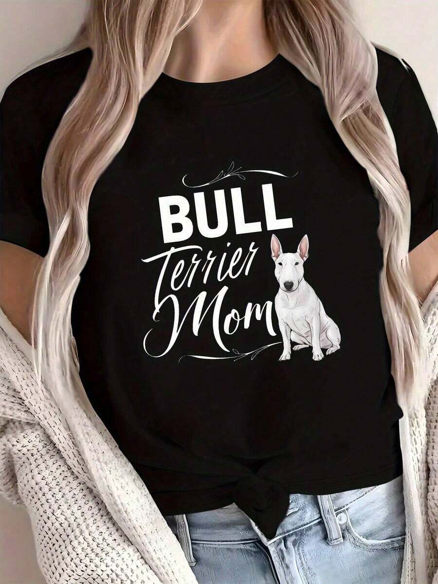 Nueva Camiseta Casual y Cómoda de Verano para Mamás de Bull Terrier - Estilo Urbano Vintage, Unisex, de Algodón, Manga Corta, Cuello Redondo - Negro - Ver 1