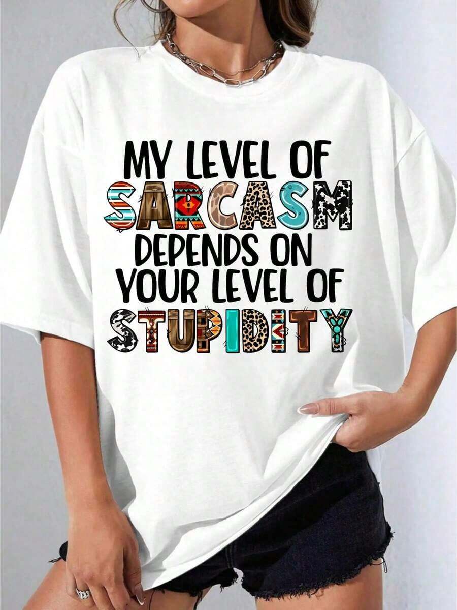 Camiseta Blanca de Mujer con Estampado de Texto de Sarcasmo y Estupidez para Uso Casual, Fiesta al Aire Libre, Camiseta Estampada Casual, Playeras de Mujer - Blanco - Ver 1