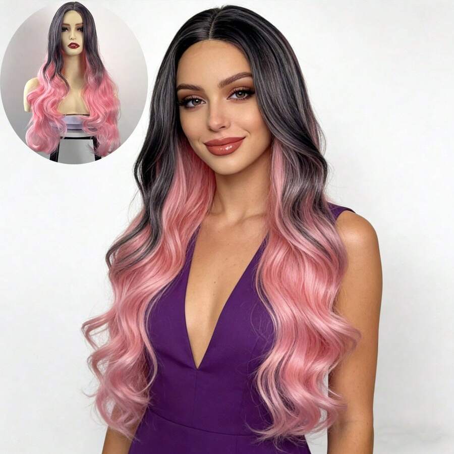 Pelucas para mujer para comercio exterior, cabello largo y rizado en degradado, negro a rosa, ondas grandes y esponjosas, peluca de fibra sintética para toda la cabeza. - Degradado de negro a rosa claro - Ver 1