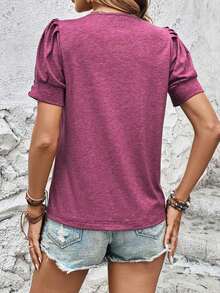 Camiseta Casual De Mujer De Manga Corta Con Cuello Redondo Y Un Solo Color Sólido - Rojo violeta - Ver 2