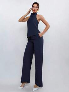 xheAloruh Conjunto de top halter con espalda descubierta y pantalones largos de unicolor, para el veranoxhe - Azul marino - Ver 6