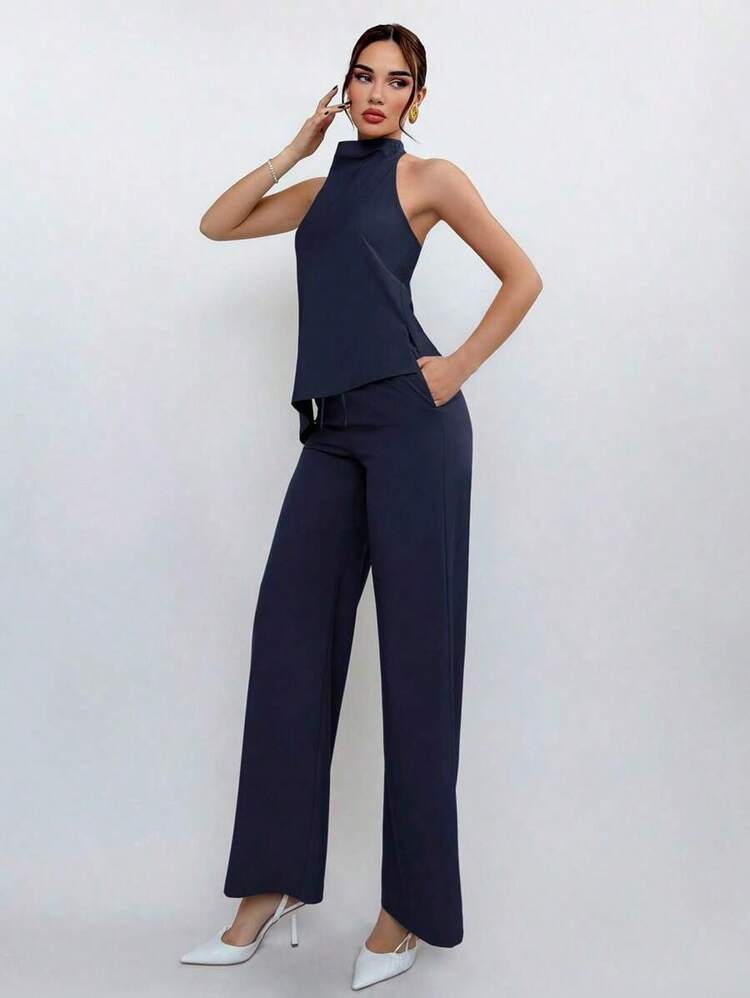 Conjunto de top halter y pantalones de color café claro, estilo sencillo para ir al trabajo - Azul marino - Añade 6