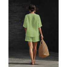 Nuevo temperamento de moda relajado V cuello dos conjuntos de pantalones cortos de manga corta ropa casual para mujeres - Amarillo fluorescente - Ver 2