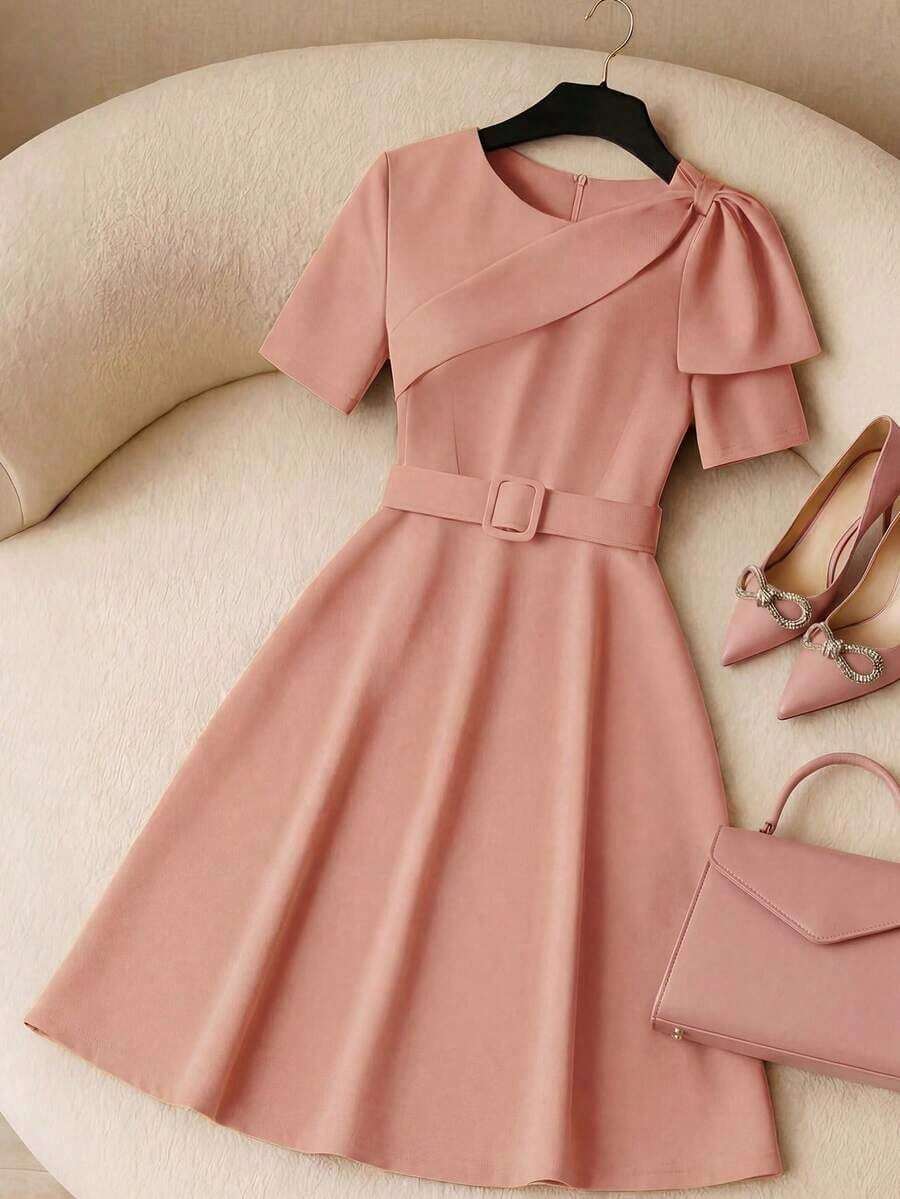 Vestido casual elegante con diseño de hombros y cintura ceñida de manga corta rojo, adecuado para vacaciones de verano - Rosa - Ver 1