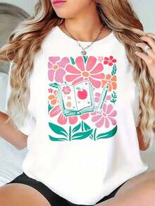 Camiseta de Mujer con Estampado Floral Casual de Arte Mexicano, Diseño de Libro y Manzana, Ropa de Verano para Estudiantes y Maestros, Camiseta de Algodón para Familias Coordinadas - Blanco - Ver 6