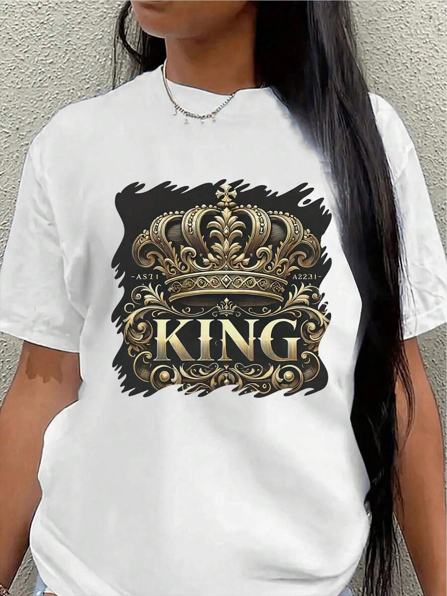 Lightweight And Durable T-Shirt With A Gold King Crown Design, Suitable For Casual Outings, Outdoor Activities, Or Everyday Wear, With A Comfortable Fit For Both Men And Women. Women's Casual Blouse - 白色 - 查看 1