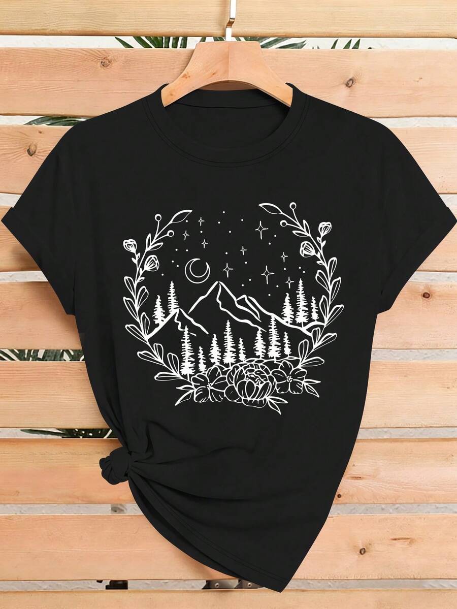 Una camiseta de manga corta para mujer, moderna, a la moda, retro y de corte holgado, adecuada para actividades al aire libre en primavera y verano.Camiseta estampada para mujeres amantes de las noches de montaña, las coronas florales y la naturaleza, ideal para senderismo al aire libre.Camiseta casual de manga corta y cuello redondo, adecuada tanto para primavera como para verano.Un regalo ideal para cumpleaños o días festivos.Camiseta casual para ir al trabajo, top minimalista estampado de manga corta para la oficina y el otoño.blusas para mujer,blusas casuales para dama,tops,, mujer premium,y2k,playeras de mujer curvy,ofertas y liquidaciones ropa mujer,playeras deportivas para mujer,,playeras de hombre, mujer,blusas>elegante X3TU - Negro - Ver 1