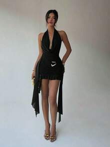 Nuevo vestido mini de malla verde con escote en V profundo, cuello halter, espalda descubierta, ajustado, volante asimétrico en el bajo, ideal para fiestas, festivales de música, bodas y vacaciones en la playa, perfecto también para el Día de San Patricio y festivales de música con estilo bohemio - Negro - Ver 6