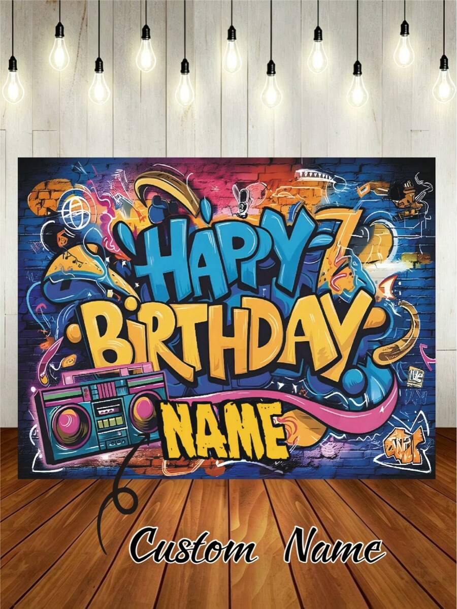 Customizable Name And Birthday Backdrop - Colorful Graffiti-Style "Happy Birthday" Banner Backdrop, Neon Retro, No Electricity Required. Perfect For Parties, Home Decor, And Celebrations. Hip-Hop Themed Design. Vinyl Photo Prop For Festive Gatherings. - Type C - View 1