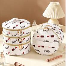1pc Sweet & Versatile PU Material Gold Zipper Lipstick Print Cosmetic Bag, Suitable For Women's Daily Commute/Travel - Multicolor - View 7