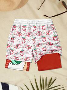 Men's Funny Shark Print Breathable Double-Layer Beach Shorts - Red - View 2