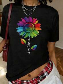 1 Piece Of Sunflower Print T-Shirt, Short Sleeve, Round Neck, Casual Top For Summer And Spring, Women's Clothing, 180g 100% Cotton. - 黑色 - 查看 12