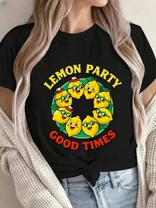 Camiseta de algodón premium para mujer, con diseño de hoja de limón verde estilo caricatura, adecuada para uso casual y diario, diseño de cuello redondo, absorbente de sudor y transpirable, ecológica. - Negro - Ver 8