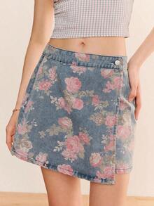 Falda vaquera con estampado floral rosa, estilo francés y parisino, para uso casual, vacaciones y días festivos. Falda de algodón con estilo vintage - Azul lavado medio - Ver 4