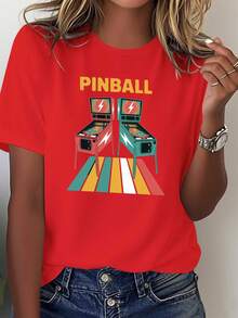 Camiseta cómoda de color sólido para mujer con un diseño retro de consola de pinball. - Rojo - Ver 7