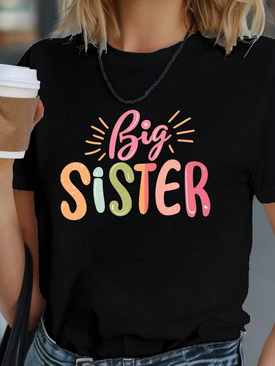 Camisetas de Algodón Oversize de Moda para Mujer 2026 Ilustración Orgullo de Hermana Mayor Camiseta Cómoda para Mujer Suave y Acogedora para Uso Diario Top de Manga Corta - Negro - Ver 1