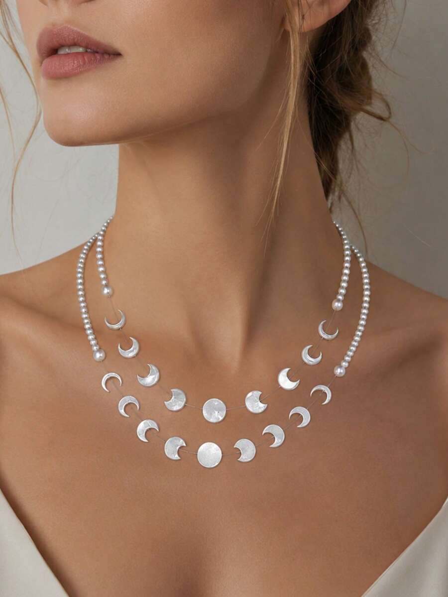 1 chiếc vòng cổ ngọc trai giả hình trăng khuyết, kiểu dáng tối giản lấy cảm hứng từ bầu trời đêm, thích hợp đeo hàng ngày (gửi ngẫu nhiên 2 kiểu). - mặt trăng - Xem 1