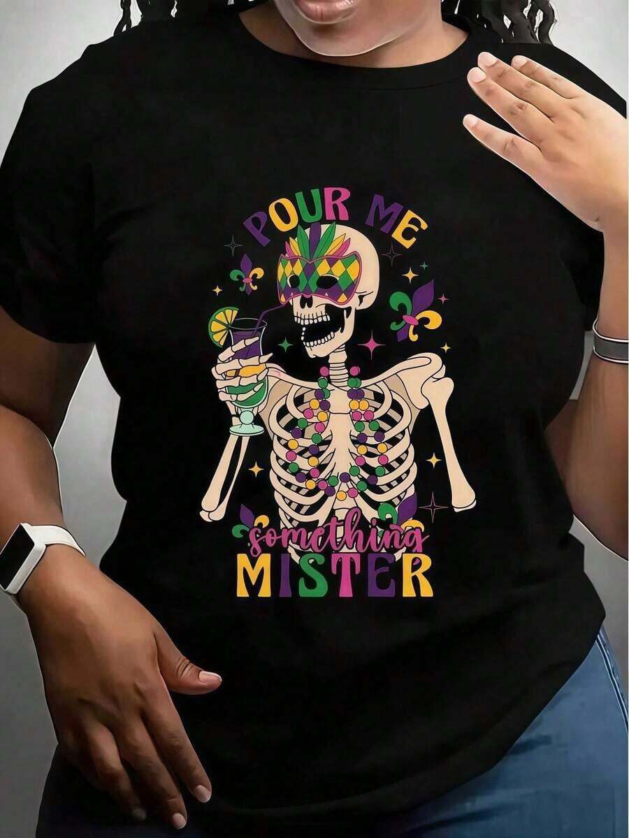 Round Neck Camiseta De Algodón Unisex De 220 G M² - Camiseta Con Gráfico De Esqueleto De Mardi Gras Sírveme Algo, Señor Celebración Del Martes - Negro Con Diseño Vibrante En Púrpura, Verde Y Dorado - Ropa Summer Essentials,Summer Outfits For Women,Graphic Tees Blusas Para Mujer Casual - Negro - Ver 1