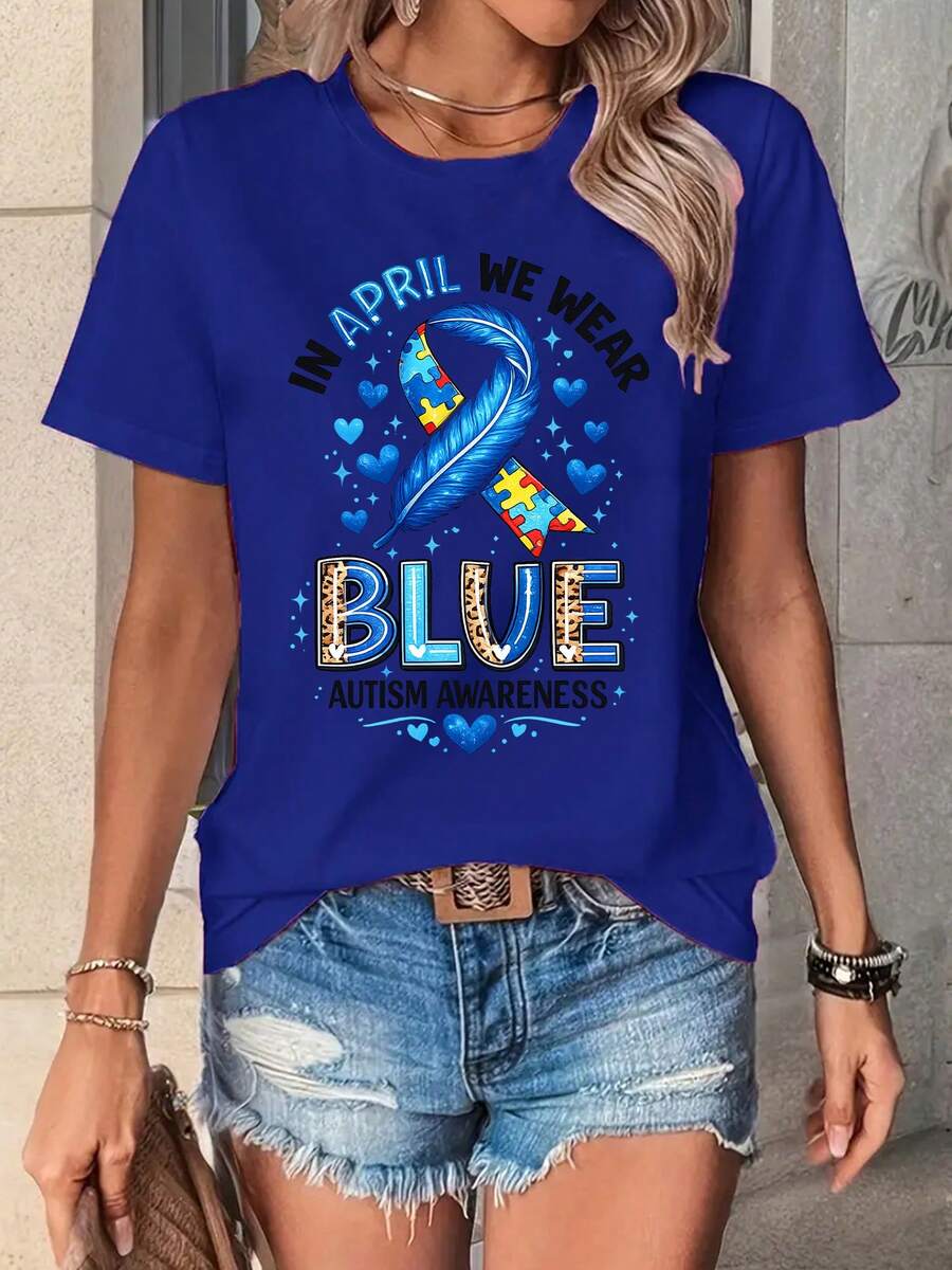 Usamos camisetas estampadas en azul para promover la conciencia sobre el autismo, camisetas casuales de manga corta y cuello redondo, ropa de mujer. - Azul - Ver 1