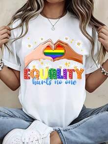 T-Shirt With Rainbow Hearts And Hands Print "Equality Hurts No One", Casual Wear For Everyday Use And Sports Activities - Vintage Urban Style, Unisex, Cotton, Short Sleeve, Round Neck, 100% Cotton - 白色 - 查看 7