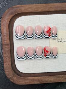 10pcs Y2K Nails Square Press On Nails Set - Handcrafted, Pink Nails, Black Nails, Black French Tip Nails, Handmade 3D Red Flowers Nail Art, Hand Drawn Black And White Stripe French Tip Style Design, Nails Handmade, Sparkling Gold Little Steel Ball Decoration, Delicate Graceful Nails - Perfect For Parties & Casual Attire, Aesthetic - Multicolor - View 1