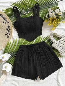 Conjunto de 2 piezas de mujer con camiseta sin espalda de unicolor y dobladillo asimétrico, y shorts sueltos con cordón, casual adecuado para salidas de verano y la playa - Negro - Ver 4