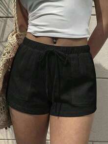 Pantalones cortos negros tejidos versátiles y casuales para mujer, de verano - Negro - Ver 8