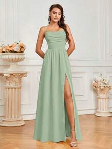 Vestido elegante para mujer de línea A, con pliegues y lazo de cuerda en la espalda en color amarillo, con pliegues huecos y altas aberturas laterales.Ideal para vestir en banquetes, adecuado para vestido de dama de honor elegante para adultos. - verde menta - Ver 3