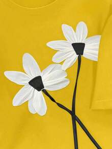 Camiseta de manga corta con cuello redondo y estampado floral, camisetas gráficas para mujer - Amarillo - Ver 3