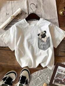 Camiseta 100% algodón puro de 180g, Pug, con bolsillo, blanca.Camisa de Verano para Mujer con Cuello Redondo Relajado, Corte Holgado, Tacto Suave, Material Transpirable - Blanco - Ver 1