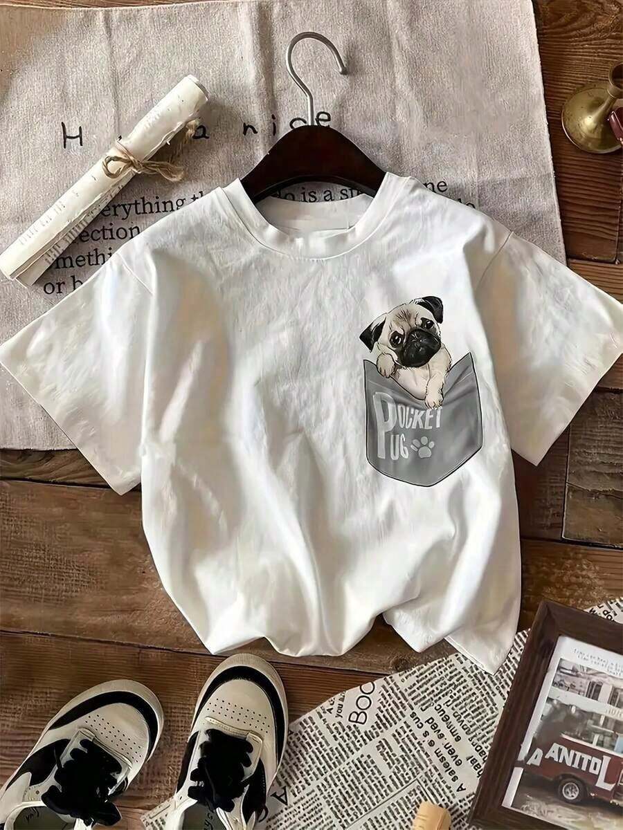 Camiseta 100% algodón puro de 180g, Pug, con bolsillo, blanca.Camisa de Verano para Mujer con Cuello Redondo Relajado, Corte Holgado, Tacto Suave, Material Transpirable - Blanco - Ver 1