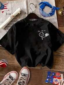 Camiseta de manga corta de gran tamaño, con estampado de figura de dibujos animados simple a doble cara, estilo casual, cuello redondo, ropa de mujer - Camiseta unisex de algodón 100% estilo vintage urbano, holgada. - Negro - Ver 3
