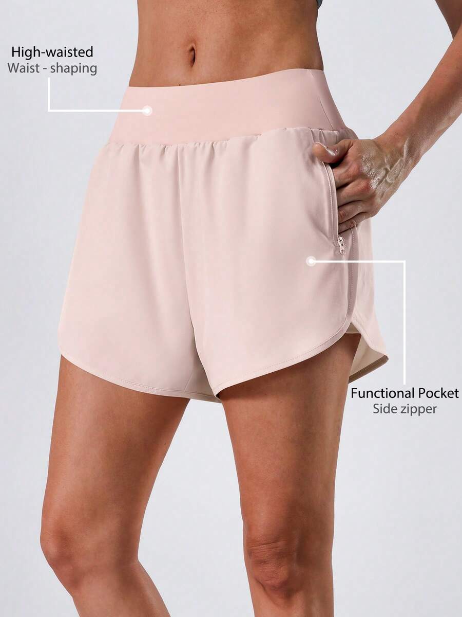 NcmRyu 1pc Women Solid Color Side Zipper Pocket Lined Sports Shorts - Pink - View 1