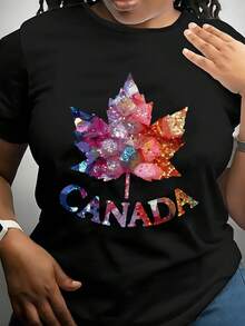 Camiseta negra de talla para mujer - Elástica y cómoda, con un patrón de hoja de arce brillante, adecuada para uso casual en todas las estaciones, para fiestas, viajes y atuendos diarios - Ropa de mujer lavable aáquina, ropa de, a, de textura suave, camisa elegante - Camiseta unisex de manga corta, cuello redondo, de algodón, estilo vintage urbano y corte holgado. - Negro - Ver 6