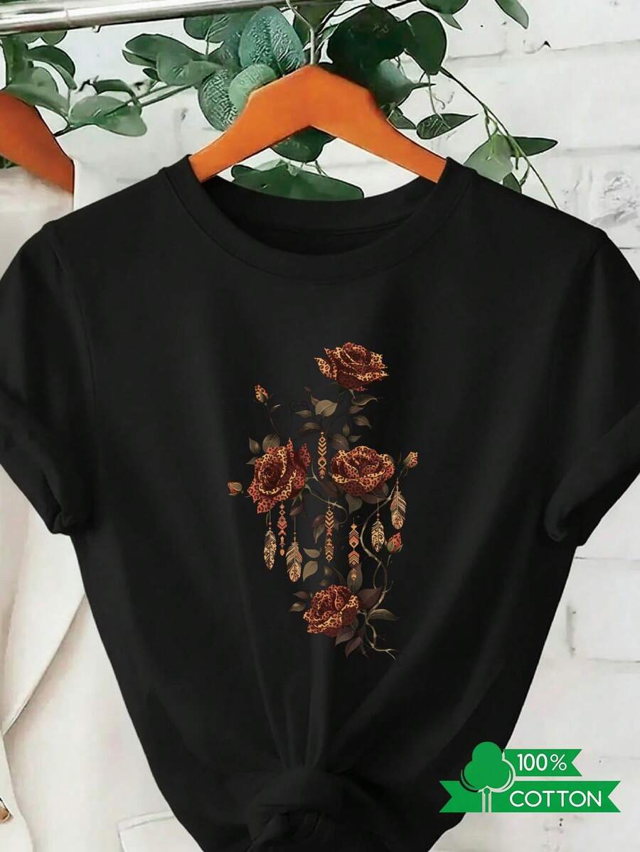 Una camiseta de manga corta para mujer, moderna, a la moda, retro y casual, de corte holgado, adecuada para actividades al aire libre en primavera y verano, con un estampado elegante de letras y anime, diseño sencillo, cómoda y transpirable, perfecta para el uso diario informal, que muestra un estilo natural y elegante, imprescindible para fiestas de verano, con envío local disponible, estampado de leopardo con ramas y hojas de rosa.blusas para mujer,blusas casuales para dama,tops,, mujer premium,y2k,playeras de mujer curvy,ofertas y liquidaciones ropa mujer,playeras deportivas para mujer,,playeras de hombre, mujer,blusas>elegante QLZR - Negro - Ver 1