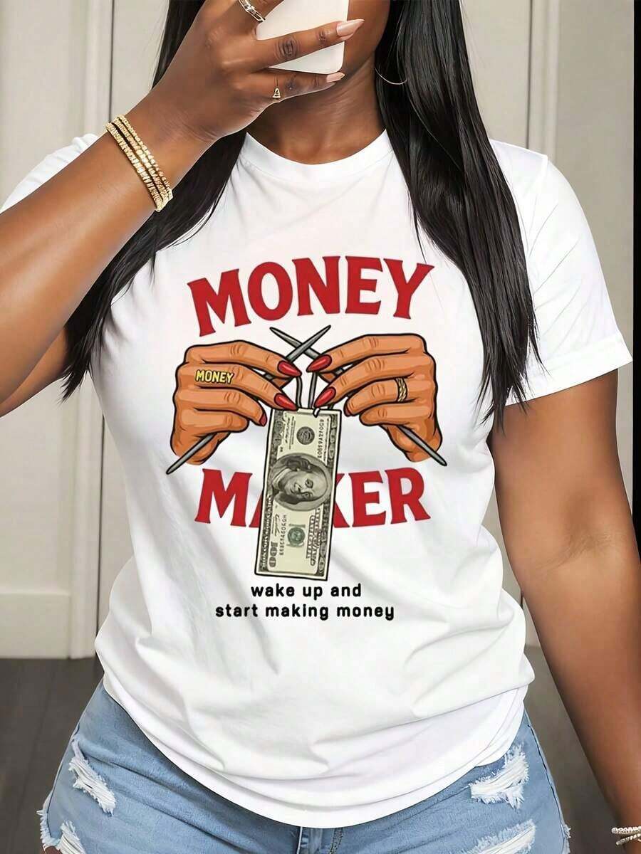 Camiseta de manga corta para mujer con estampado gráfico de "Money Maker" con manos sosteniendo un billete de dólar y texto "Despierta y empieza a ganar dinero", estilo casual para uso diario. - Blanco - Ver 1