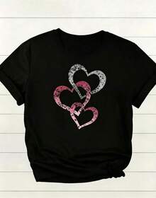 Camiseta de Mujer a con Prenda 3 piezas/set de camisetas de manga suitable for streetwear, Top oversized cuello redondo daily outings, camping, concerts, hip-hop, rock, and rap events Creativo de Leopardo, Anillo en Forma de Corazón y Estampado con la Letra MILANO, Conjunto de Pieza, Top Casual de Manga Corta y Cuello Redondo para Primavera/Verano, Ropa de Mujer. - Negro - Ver 2