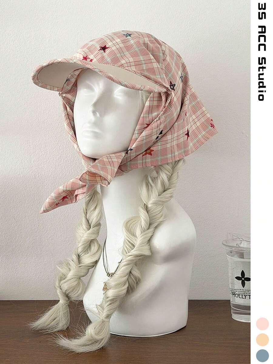 Retro Plaid Headscarf Hat, Colorblock Star Pattern, Fashionable Sun Protection Bandana Cap, Versatile Adjustable Unisex Baseball Cap, Lightweight Breathable Drawstring Sun Hat For Outdoor Sports