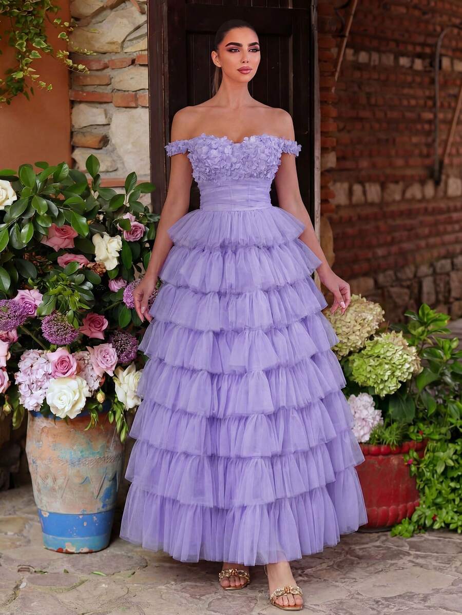 Open Shoulder Embroidered Corset With Layered Ruffle Mesh, Perfect For Back To School Dances, Parties, Galas And Cocktail Events Party Spring Wedding