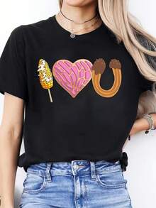 Camiseta Deportiva de Cuello Redondo con Estampado para Mujer, Moda Primavera/Verano, Manga Corta, Ajuste Relajado, Material Elástico y Transpirable, Top Casual, para Gimnasio y Amantes de la ModaDaily Casual Round Neck Short Sleeve-Shirt Women - Negro - Ver 7