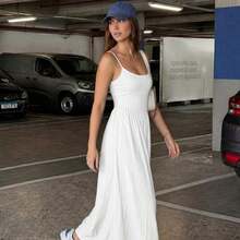 Vestido casual de mujer de un solo color con tirantes finos, adecuado para bodas - Blanco - Ver 4