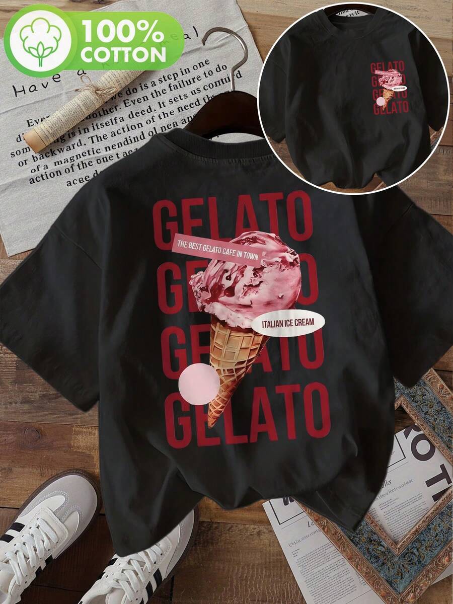 Playeras de mujer con estampado de doble cara, top de moda para mujer, ropa de verano para damas, elemento de dólar dulce, estampado de helado y gelato rosa, cuello redondo, manga corta, camiseta pura, blusas casuales para dama. - Negro - Ver 1